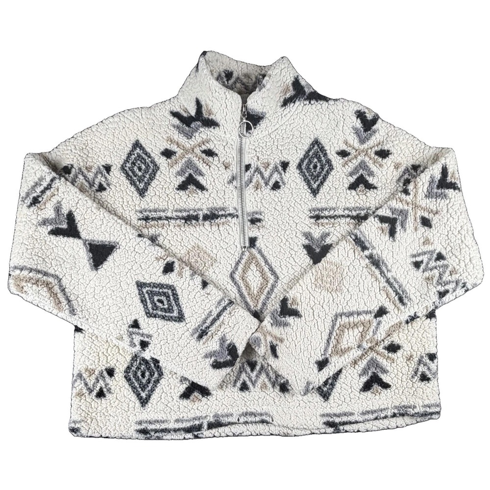 Warm & Cozy Sweater Womens Medium White Fleece Aztec 1/4 Zip Mock Neck Pullover